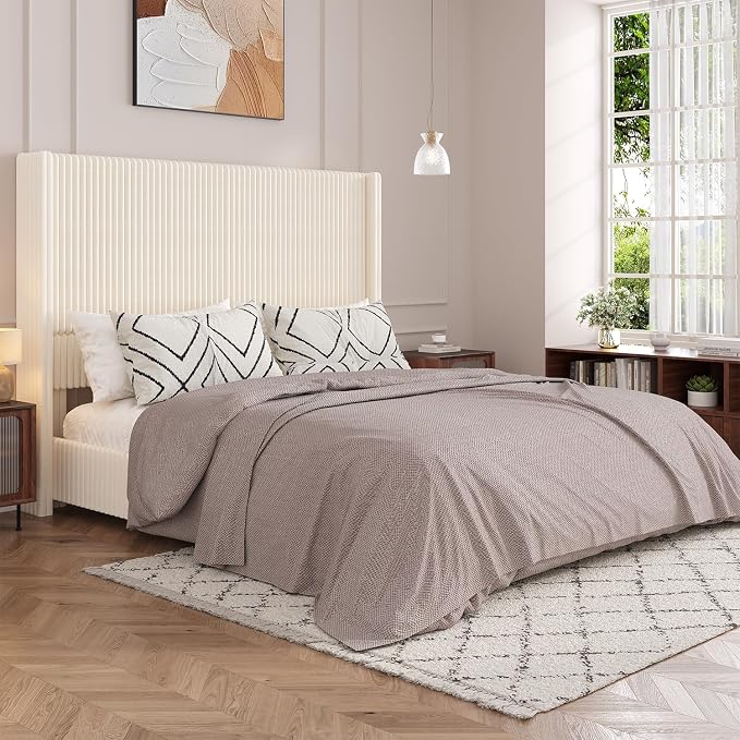 UNIQUITE King Size Lift Up Storage Bed Frame with 51 Inch Tall Wingback Headboard, Corduroy Upholstered Platform Bed with Hydraulic Storage, 2 USB Ports, No Box Spring Needed, Noise-Free, Beige