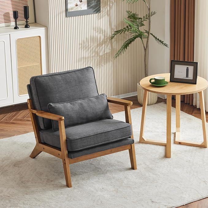 VINGLI Solid Wood Wide Armrests Accent Chair Set of 2,Upholstered Mid Century Modern Chair with Pillow,Farmhouse Arm Chair Comfy Reading Chair,Chairs Living Room,Bedroom,Guest Room,Linen Fabric,Grey