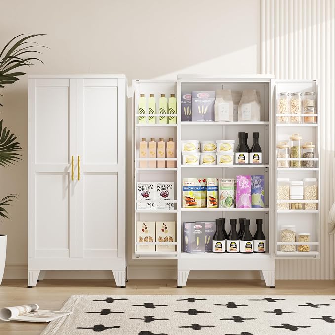 PAOFIN 47" Kitchen Pantry Cabinet, Metal Storage Cabinet with 3 Adjustable Layer Shelves, 8 Door Shelves, Buffet Sideboard for Living Room, Kitchen, White