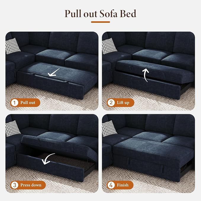 Vesgantti 88.4" Sleeper Sectional Couch with Pull Out Bed, 5 Seater L Shaped Modular Sectional Sofa with Storage, Comfy Chenille Modular Sofa for Living Room, Bedroom, Apartment, Blue