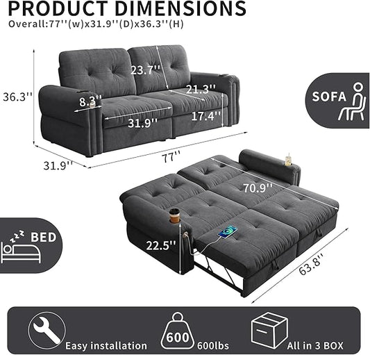 Convertible Couches, Queen Size Pull Out Sofa Bed with USB Charging Port and Cup Holders, Chenille Fabric Convertible Sofa Bed for Small Space, Living Room, Apartment, Guest Room, Dark Grey