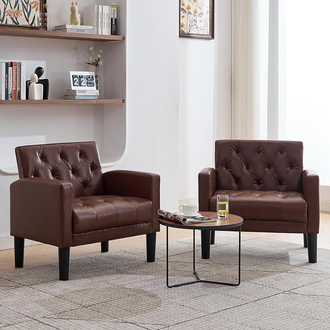 TYBOATLE Accent Chair Comfy Living Room Chair Leather Tufted Mid Century Modern Accent Chair, Small Cozy Reading Arm Chair for Office, Bedroom (1, Brown)