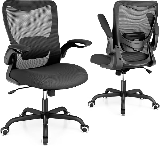 MUXX.STIL Office Chair, Ergonomic Desk Chair with Adjustable Lumbar Support and Flip up Armrest, Breathable Mesh Computer Chair for Home Office, Black