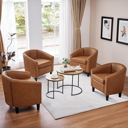 Topeakmart Leather Accent Chair, PU Leather Modern Barrel Chair Club Armchair with Soft Padded for Living Room Bedroom, Brown, Set of 2