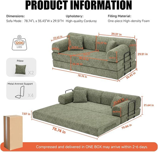 78.84" Boneless Couch with Memory Foam, Corduroy Convertible Loveseat for Apartment Living Room, Floor Sofa Bed,1200 lb, Vacuum Packed Couch in a Box, Moss Green