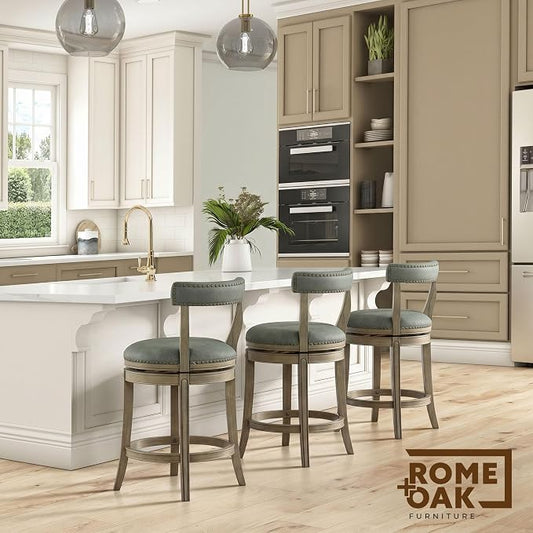 ROME + OAK Ruxban 26" Counter Stool, Low Back Swivel Barstools | Ruxban, 26 In. Seat Height, Vegan Leather Seat, Wood Counter Stool, Modern Counter Stool