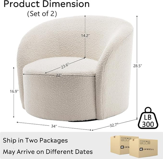 KINWELL 34" W Swivel Barrel Chair Set of 2, Mid Century Modern Round Upholstered Boucle Swivel Accent Chairs, No Assembly Sofa Chair for Living Room Bedroom Reading, Cream