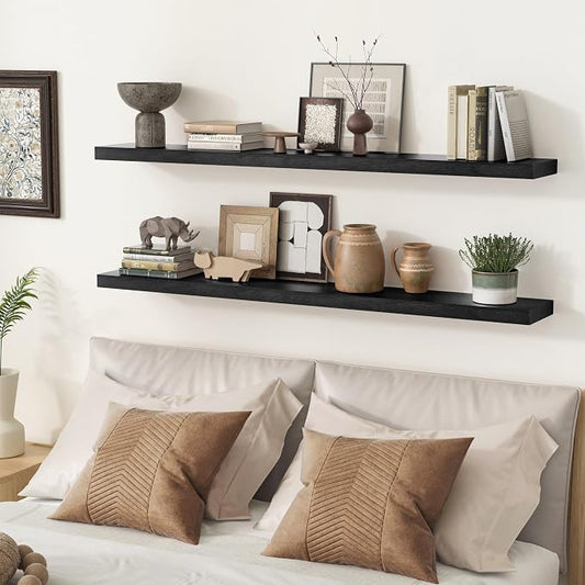 fuqing Black Floating Shelves 48 Inch, Solid Wood Wall Mounted Shelves Set of 2, Extra Long Modern Floating Shelves for Wall Decor & Storage, Shelves for Bathroom Bedroom Kitchen Living Room - Black