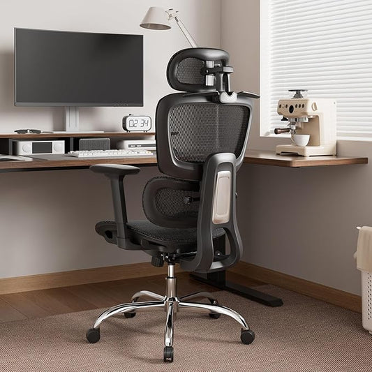Ergonomic Office Chair with 3D Headrest, Computer Chair with Adjustable Backrest & 3D Armrest, Gaming Chair with Adaptive Lumbar Support, Mesh Backrest & Cushion, Black