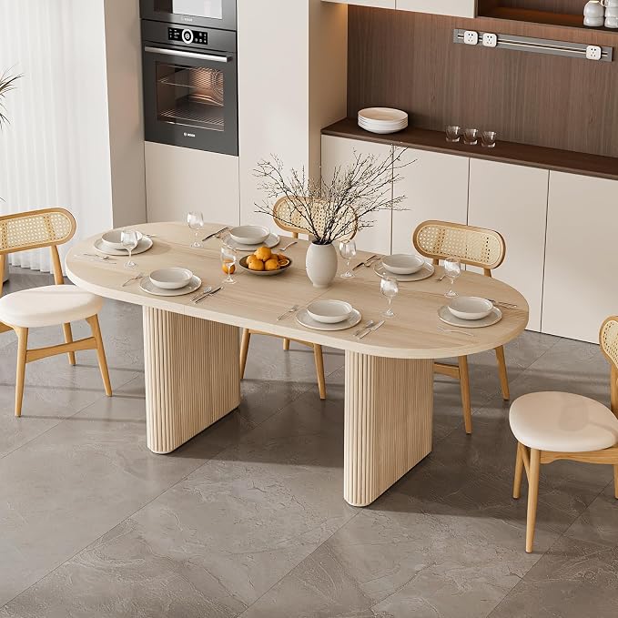 homary Oval Extendable Dining Table 63"–79", Japandi Wooden Kitchen & Dining Room Table for 4–6 with Pedestal Base (Table Only)