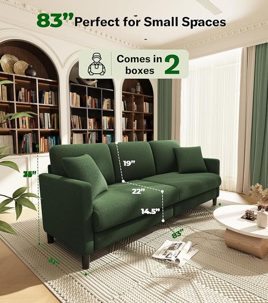 Welzona 83" Couches for Living Room, Teddy Sofa Couch, Comfy Sofas for Living Room, Tool-Free Setup Loveseat Sofa, All-Wood Love Seat Couches, Small Couch 2 Pillows Included, Green