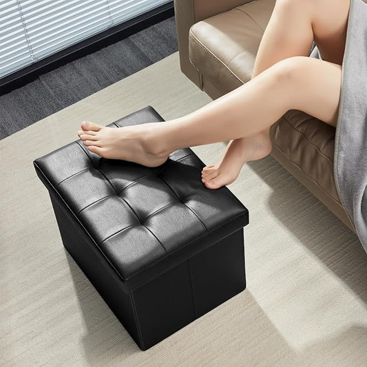 Bsketa Storage Ottoman Foot Rest Stool, Small Leather Storage Ottomans Bench, Folding Foot Stool with Handles Lid, Foot Rest Under Desk for Living Room Bedroom, 17x13x13 in, Black