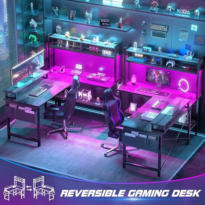 Aheaplus L Shaped Gaming Desk with Power Outlets & LED Lights, Small L- Shaped Desk Computer Corner Desk with Monitor Stand & Storage Shelf, Home Office Desk Writing Desk with Storage Bag, Grey Oak