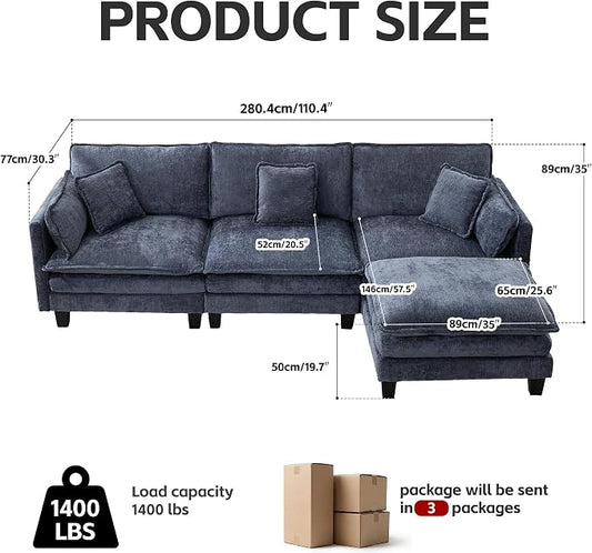 Opiesit Modular Sectional Sofa with Movable Ottoman, 110" 4-Seat Modern Couches for Living Room, Comfy L Shaped Couch Set with Deep Seat for Office and Apartment, Blue Chenille Fabric