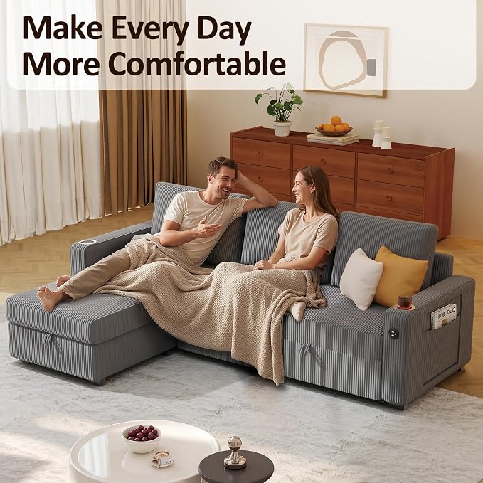 Ball & Cast 80" Sectional Sleeper Sofa Bed Pull Out Couches for Living Room | L Shaped Convertible Pull Out Sofa Bed with Storage Chaise, Foldable Table, USB Port, Cup Holder, Side Pocket for Small Space