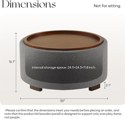 Zihanhome 30 Inch Round Storage Ottoman Coffee Table, Modern Boucle Ottoman with Lift-Off Lid and Solid Wood Legs for Living Room, Bedroom, Corners, Apartments (Light Grey)