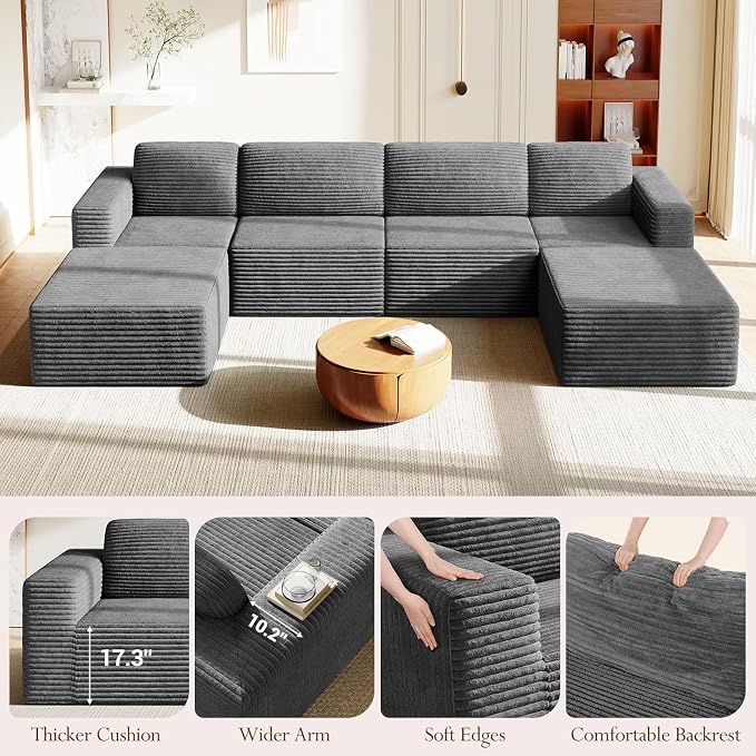 Vesgantti 159" Large Modular Sectional Sofa, U-Shaped Corduroy Cloud Couch with Deep Seats & Spring Support, 4-Seater Boneless Sofa with 2 Movable Ottomans, No Assembly Needed, Grey