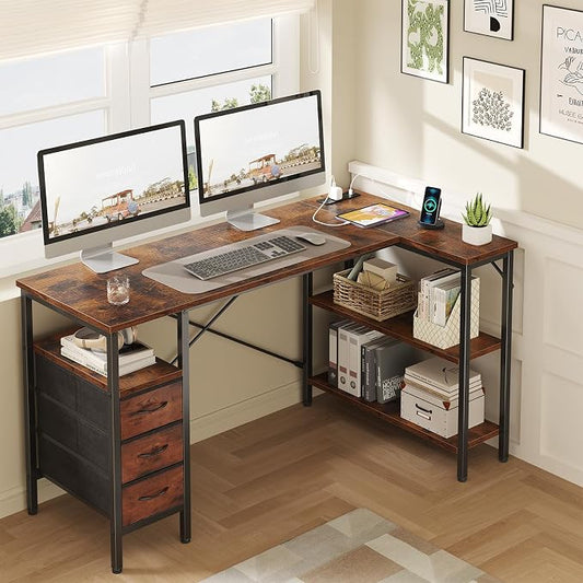 DUMOS L Shaped Desk with Shelf Drawers 55 Inch, Brown Corner Computer Desks Gaming with Power Outlet, Study Table with Adjustable Shelves, Home Office Tables for Bedroom Teacher Reading Writing