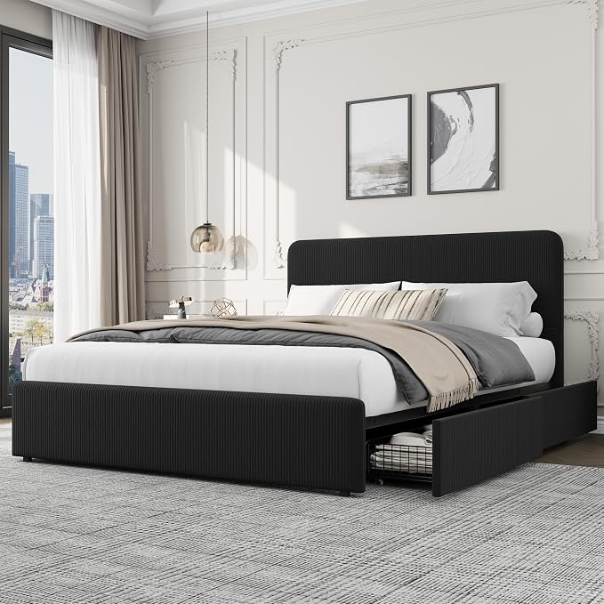 GarveeHome Modern Upholstered Platform Bed Frame with Headboard and Storage Drawers – Strong Wood Slat Support, No Box Spring Needed, Low Profile, Easy Assembly – Corduroy Black