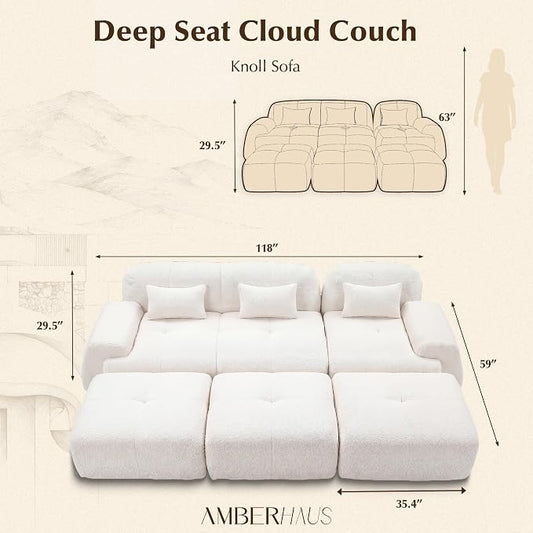 118'' Modular Sectional Cloud Couch Boneless Couches, Oversize Curved Sectional Couches for Living Room, Deep Seat Couch Lambswool Sofa with Ottoman & Throw Pillows, No Assembly, HR Foam