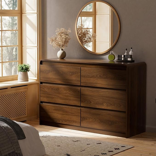Oransail 6 Drawer Dresser, 47" Wide Walnut Dresser Chest of Drawers, Curved Anti-Collision & Anti-Tipping Design, Mid Century Modern Wooden Dresser for Bedroom, Living Room, TV Stand