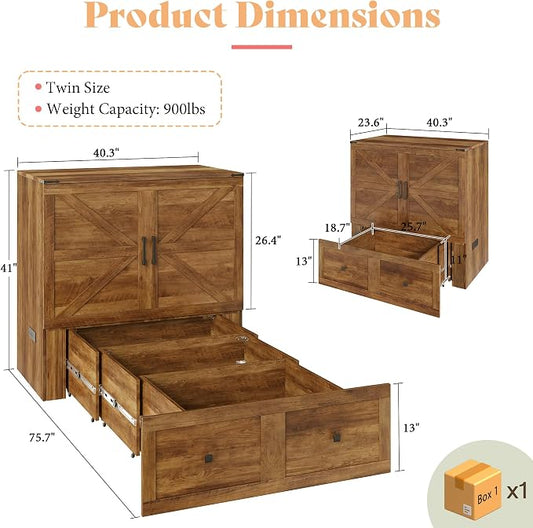 AMERLIFE Twin Murphy Bed Cabinet with Charging Station and Storage Drawer, Farmhouse Foldable Platform Bed for Home Office, Apartment, Small Spaces, Barnwood