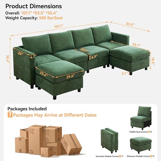 WUTUTUEE 107”Modular Sectional Sofa Convertible U Shaped Sofa Couch Set with Storage for Living Room, Modern 6 Seater Modular Sectional Couch with Movable Ottoman, Chenille Dark Green