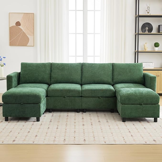 WUTUTUEE 25”Square Storage Ottoman Module for Modular Sectional Sofa, Living Room Coffee Table Sectional Ottoman Footrest for Convertible Couch, Chenille Dark Green