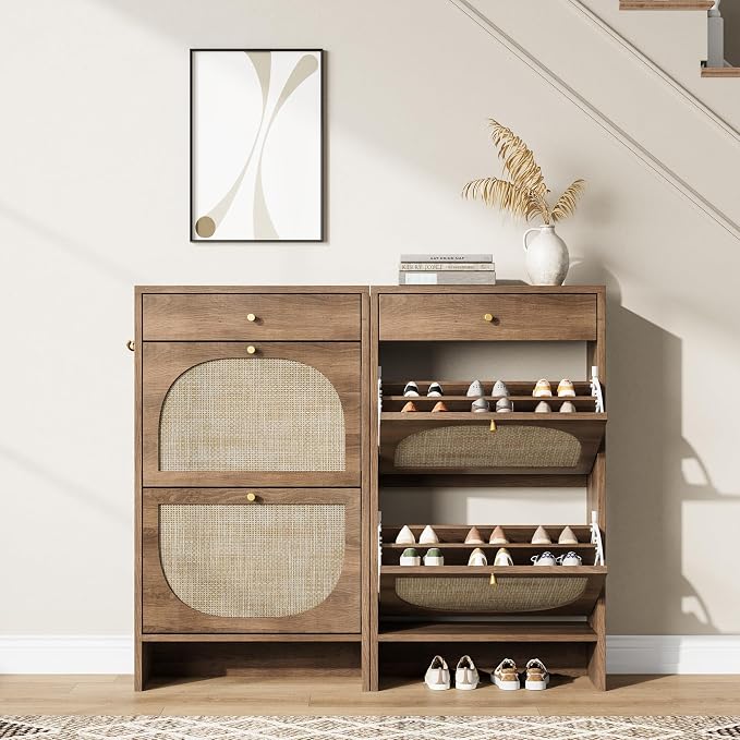 Nicetree Shoe Cabinet for Entryway, Slim Shoe Rack with 2 Flip Drawers and Top Storage Drawer, Narrow Shoe Organizer with Printed Rattan-Look Design, Entryway Shoe Storage for Size 12 Shoes, Caramel