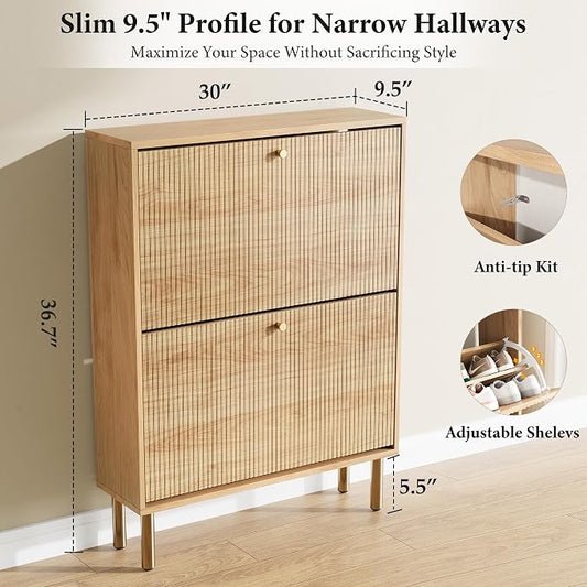Nicetree Shoe Storage Cabinet for Entryway - Flip Shoe Cabinet with Tiered Fluted Design - Slim Shoe Storage Rack with Gold Legs - Narrow Shoe Cabinet Hidden Shoe Organizer for Small Spaces