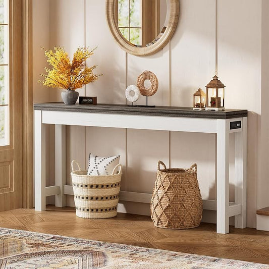 Cyclysio 63" Console Table with Charging Station, 13.8" Deep Farmhouse Sofa Table Behind Couch with 2 AC Outlets & 3 USB Ports, Long Entryway TV Console or Home Office Desk, Oak Grey
