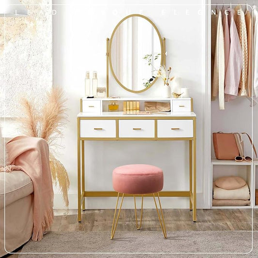 LUE BONA Vanity Stool, Pink Vanity Stools for Makeup Room, Round Ottoman Foot Stool, Velvet Footrest Vanity Chair for Bathroom Vanity, Bedroom, Living Room, Entryway, Offices, 300lbs