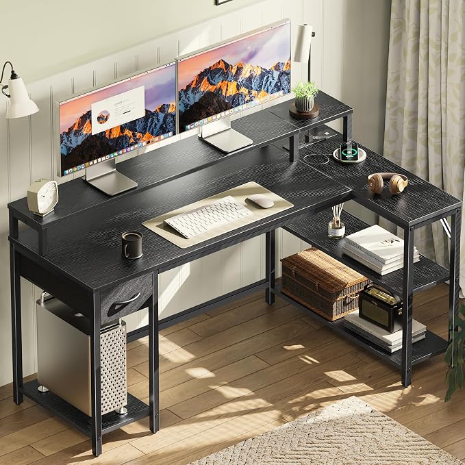 SUPERJARE 53 inch L Shaped Gaming Desk with LED Lights & Power Outlets, Reversible Computer Desk with Shelves & Monitor Stand, Corner Desk with Drawer, for Home & Office, Black