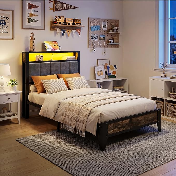 OLEVS Twin Bed Frame with LED Light Storage Headboard and Charging Station Type C, Metal Platform Bed Twin Size,No Box Spring Needed, Noise Free, Easy Assembly