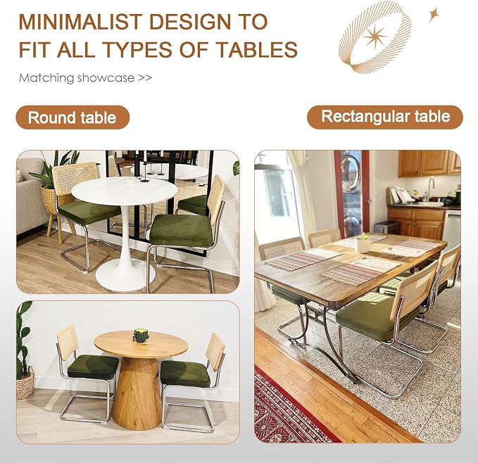 Zesthouse Natural Rattan Dining Chairs Set of 6, Olive Green Modern Kitchen Chairs with Solid Wood Back & Chrome Base, Mid Century Breuer Design Inspired, Upholstered Luxurious Velvet Fabric