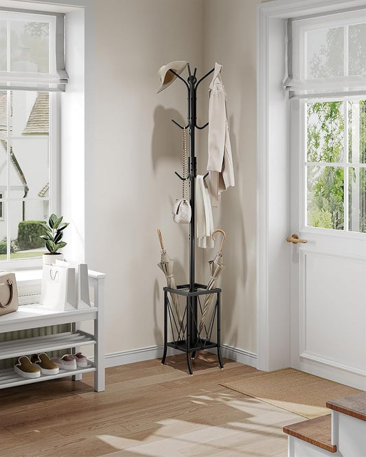CHOEZON Coat Rack Freestanding, Coat Rack with Umbrella Holder, Entryway Hanger Stand with12 Hooks, Metal Hall Tree for Bags, Coats, Hats, Entryway, Hallway, Living Room, Bedroom, Office Black TYM01BB