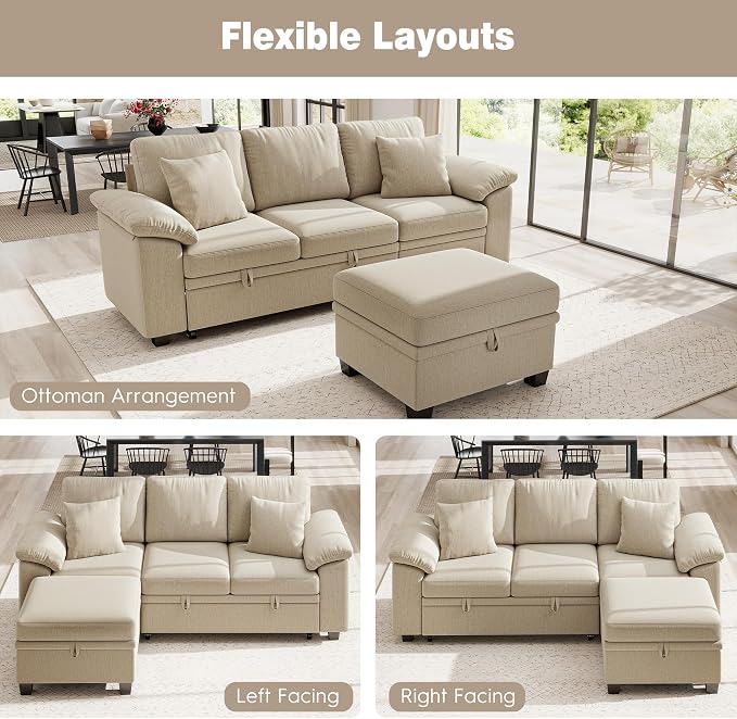 Ihanherry 86" Modular Sectional Sofa with Pull Out Bed, 4-Seater L Shaped Sectional Sleeper Couch with Storage Ottoman, Chenille Convertible Couches for Living Room, Apartment (Sand)