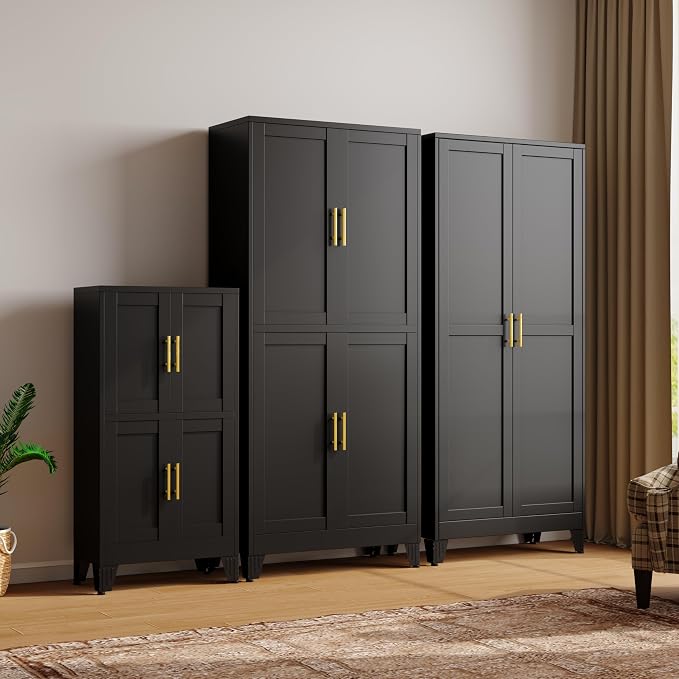 47” Black Metal Bathroom Storage Cabinet, Kitchen Pantry Cabinet | Steel Storage Cabinet with Doors and 3 Adjustable Shelves, Bathroom cabinets Organizer, for Home Office, Bedroom