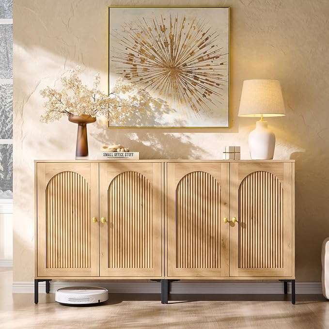 IFGET Modern Buffet Cabinet with Storage, 61.75" W Fluted Arched Sideboard Cabinet w/Adjustable Shelves, Wooden Modular Coffee Bar for Dining Room, Kitchen, Living Room, Entryway, Natural