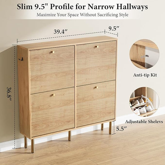 Nicetree Shoe Storage Cabinet for Entryway - Ultra Slim Shoe Cabinet with Tiered Fluted Design - Modern Shoe Organizer with Gold Legs, Hidden Shoe Rack for Small Spaces, Fits Men's Size 13.5