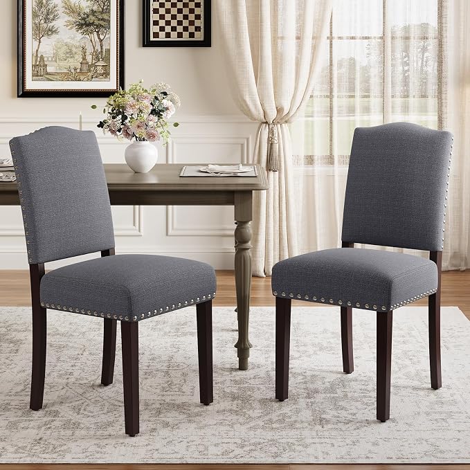 Upholstered Parsons Dining Chairs Set of 2, Modern Dining Room Chairs with Back, Fabric Kitchen Side Chairs with Wood Legs, Nailhead Trim for Dinner Farmhouse Restaurant, Darkgrey