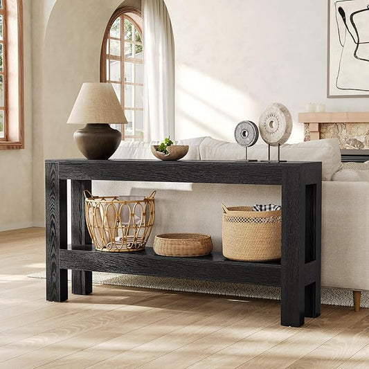 LITTLE TREE 63-Inch Black Console Table for Entryway, Narrow Long Wooden Entry Table for Living Room, Hallway, Sofa, Entrance, Foyer, Behind Couch with 2-Tier Storage Shelves