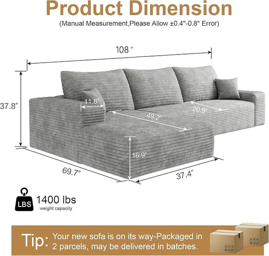 AUGOP 108" Sectional Couches for Living Room Modern Modular Sofa with L-Shape Couchs Upholstered Boneless Couch Deep Seat Sectional Couch with Chaise (Grey, Left Facing Chaise+2Seaters)