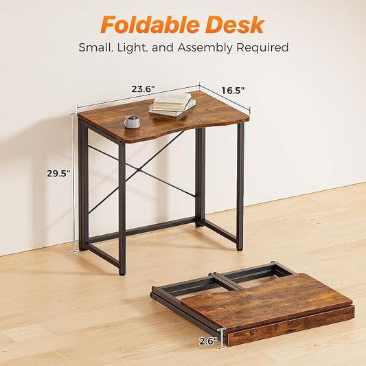 Huuger Folding Desk for Small Spaces, 23.6 Inch Foldable Computer Table, for Home Office, Study, Bedroom, Dorm, Space Saving, Small Writing Work Office Computer Desk, Easy to Fold, Rustic Brown