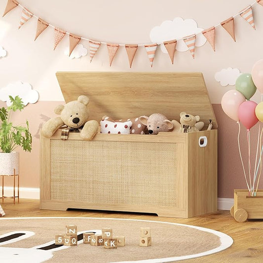 usikey 39.4” Storage Chest, Toy Box with 2 Safety Hinges, Toy Chest for Bedroom, Storage Bench with Storage, Shoe Bench, Supports 220 lb, for Living Room, Entryway, Natural