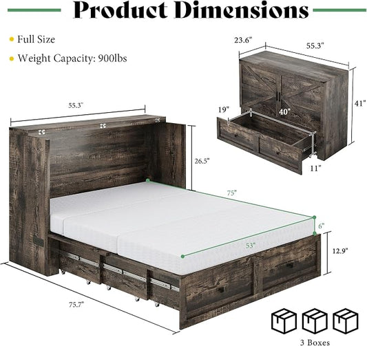 AMERLIFE Full Murphy Bed Cabinet with 6" Tri-Fold Memory Foam Mattress, Storage Drawer & Charging Station, Space-Saving Guest Bed for Home Office, Black Oak