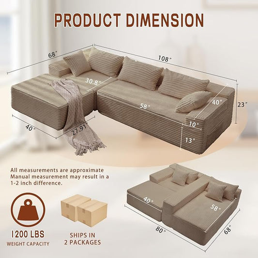 Korser 108" L-Shaped Modular Sectional Sofa with Chaise, Boneless Comfy Corduroy Fluffy Couch with Deep Seat and Side Pockets, Flexible Module Combination for Living Room, No Assembly, Side Pockets