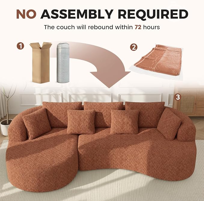 Luxanimarion 124" Curved Modular Sectional Sofa Oversized, L-Shape Boneless Couches for Living Room with Deep Seat and 7 Pillows, High-Density Memory Foam,Caramel Chenille Fabric, No Assembly Required