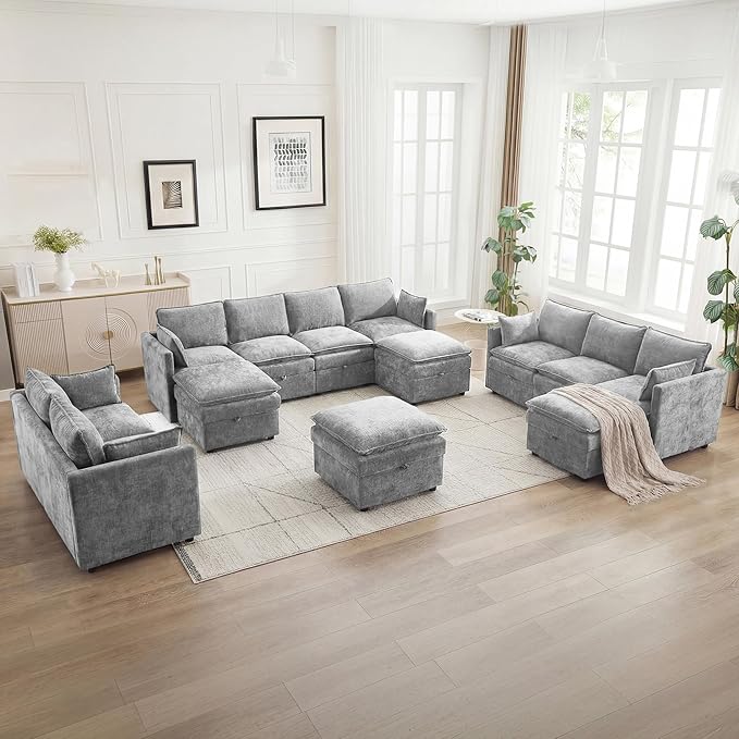 30" Cloud Modular Single Sofa Chair with Storage, Modern Upholstered Accent Chair Deep Seat, Chenille Reading Lounge Armchair for Living Room, Bedroom, Small Space, Light Grey