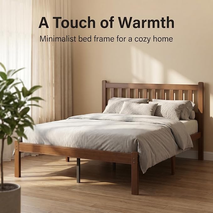 Askeld Bamboo King Bed Frame with Headboard, 14 Inch High Wood Platform Bed No Box Spring Needed, Modern Minimalist Heavy Duty Bedframe, Easy Assembly, Noise Free, Walnut Color